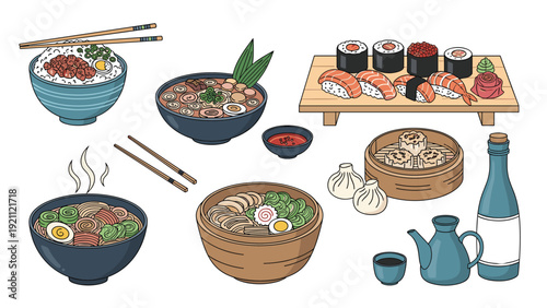 Assorted collection of traditional Japanese food including various sushi rolls, ramen bowls, dim sum, and a bottle of sake.