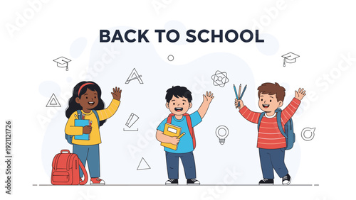 Group of happy children with backpacks and school supplies celebrating back to school against a background of education icons.