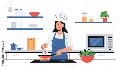 Professional female chef in a white uniform and hat frying an egg in a modern kitchen with various cooking tools and fresh vegetables.