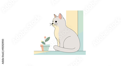 Cute Cat Sitting on Windowsill with Potted Plant, Minimalist Illustration