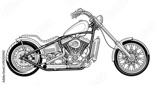 Custom Chopper Motorcycle Line Art Illustration