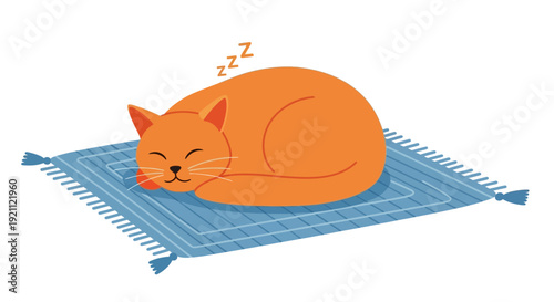 Cute orange cat sleeping peacefully on a blue rug, illustration