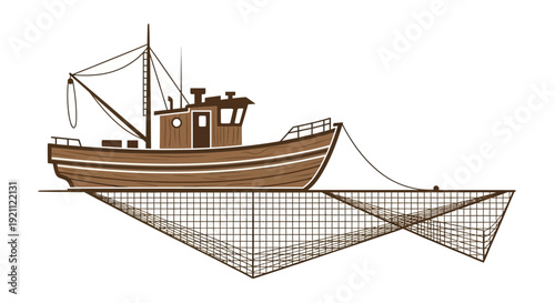 Fishing boat with net, maritime illustration, nautical scene, seafood industry concept