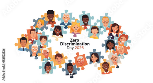 Illustration of diverse people forming a heart-shaped puzzle for Zero Discrimination Day 2026, promoting equality and inclusion with a colorful and joyful design on a white background.