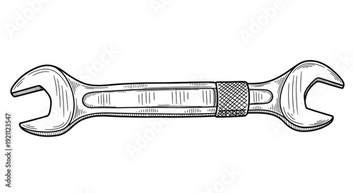 Illustration of a wrench with two open ends, detailed with sketch-like lines, conveying a functional, industrial feel. The tool has textured grip near the center.