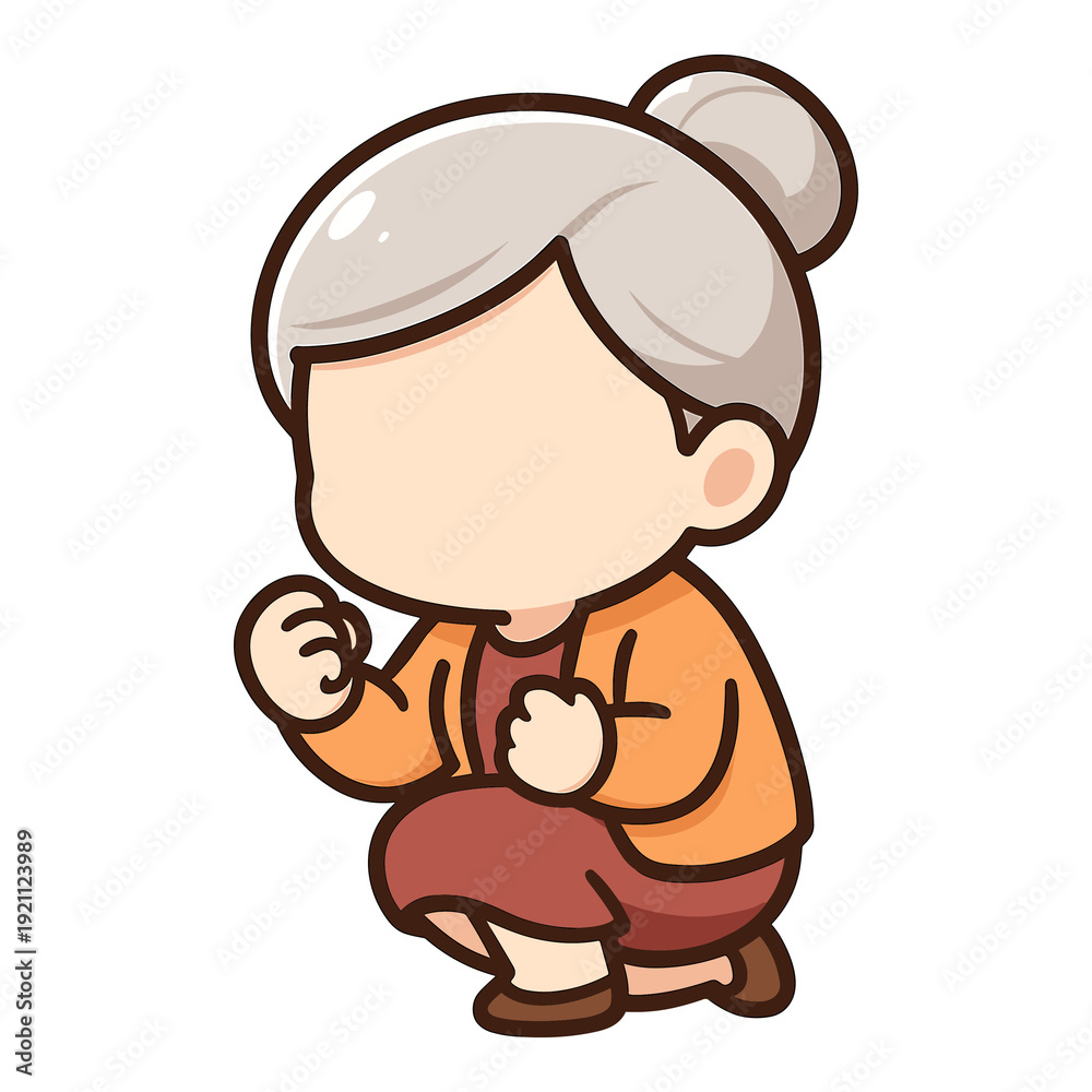 Fototapeta premium Elderly woman kneeling cartoon character