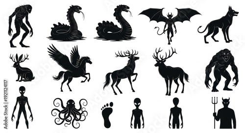 Collection of Mythical Creatures and Cryptids Silhouettes.