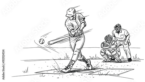 Drawing of a baseball player hitting a ball with a bat. A catcher and umpire watch from behind. The scene conveys action and focus in a sports context.