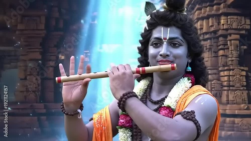 Lord Krishna playing his divine flute in a temple setting.