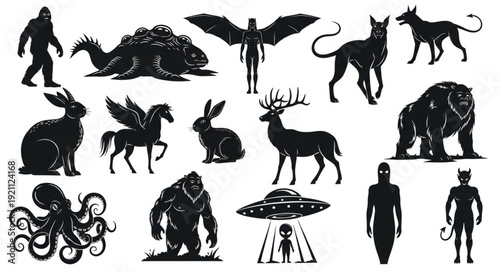 Collection of Mythical Creatures and Cryptids Silhouettes.