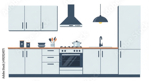 Modern Kitchen Interior Design with White Cabinets and Appliances.