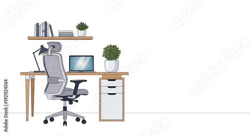 Modern home office desk with ergonomic chair and laptop.