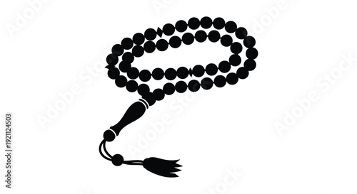 A strikingly simple black silhouette depicts islamic prayer beads also known as tasbih against a white background silhouette