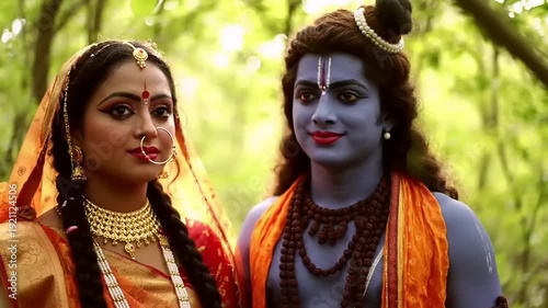 Lord Rama and Sita depicted in traditional Indian attire amidst a forest setting.