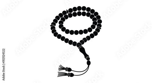 A striking black illustration depicts islamic prayer beads also known as a misbaha in a minimalist silhouette