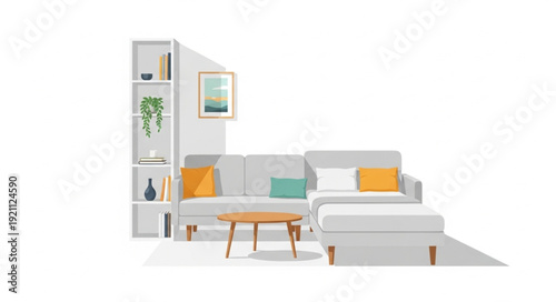 Modern Living Room Sofa With Coffee Table And Bookshelf.
