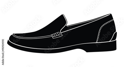 A striking black and white depiction of a single loafer shoe presented as a bold silhouette high quality professional detailed
