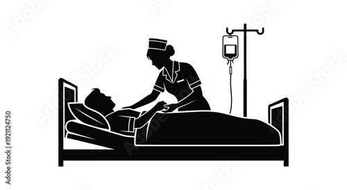A black silhouette depicts a healthcare scene of a nurse attending to a patient in a hospital bed silhouette