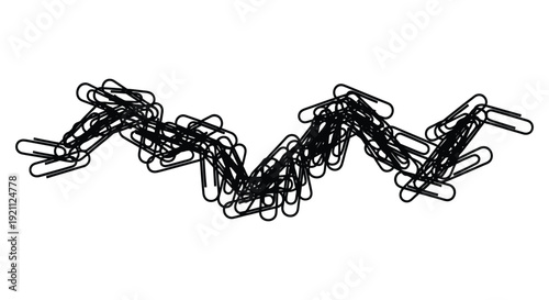 A tangled arrangement of numerous black paper clips forms an abstract winding shape against a white background silhouette