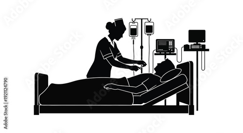 A nurse attends to a patient lying in a hospital bed surrounded by medical equipment a striking silhouette