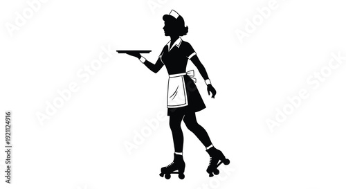 A retro styled waitress on roller skates balances a serving tray showcasing a classic diner aesthetic silhouette high quality