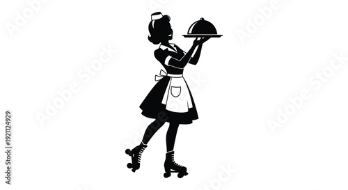 A vintage waitress on roller skates presents a covered dish showcasing a classic mid century silhouette high quality professional