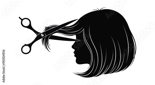 A striking black silhouette depicts a woman getting her bangs trimmed with scissors emphasizing style and beauty silhouette