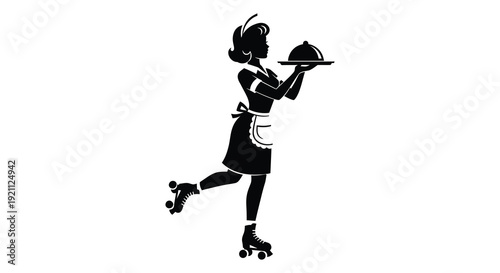 A vintage waitress on roller skates presents a covered dish evoking mid century diner aesthetics a striking silhouette