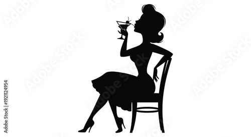 A stylish woman in a retro dress elegantly holds a martini glass while seated a striking silhouette