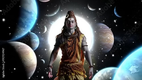 Lord Shiva Cosmic Being Amidst Planets and Stars in Universe.