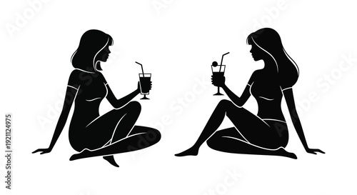 Two women enjoying cocktails at a relaxed gathering depicted in a striking black silhouette high quality professional detailed