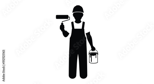 A black silhouette of a painter holding a roller and a can of paint showcasing manual labor