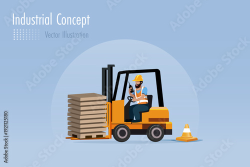Worker driving forklift truck loading wooden pallets. Industrial warehouse and factory machinery concept.