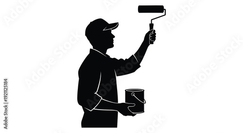 A stark black silhouette depicts a painter holding a roller and can showcasing a domestic improvement task silhouette