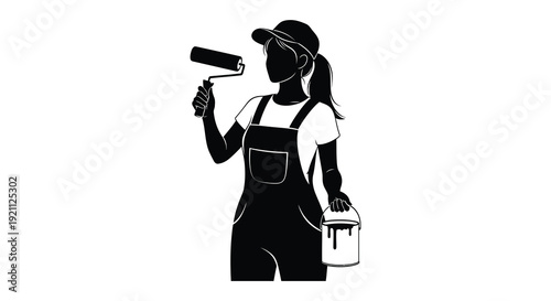 A stylish female painter is depicted holding a roller and paint can presented as a striking silhouette