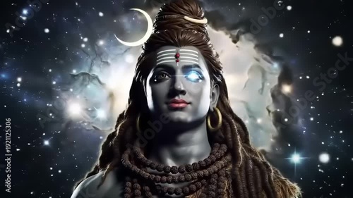 Lord Shiva Cosmic Portrait with Stars and Nebula Background.