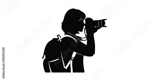 A striking image of a female photographer holding a camera captured in a dynamic artistic silhouette high quality