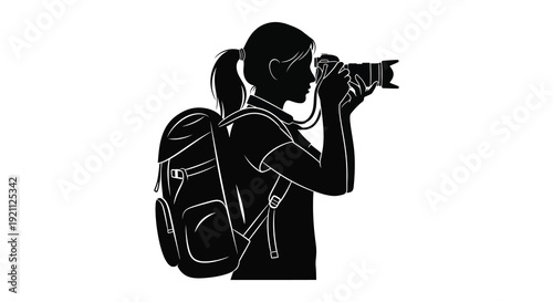 A woman with a ponytail and backpack is intently photographing a scene depicted in a striking silhouette