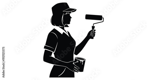 A black silhouette of a woman painting with a roller and holding a paint can silhouette high quality