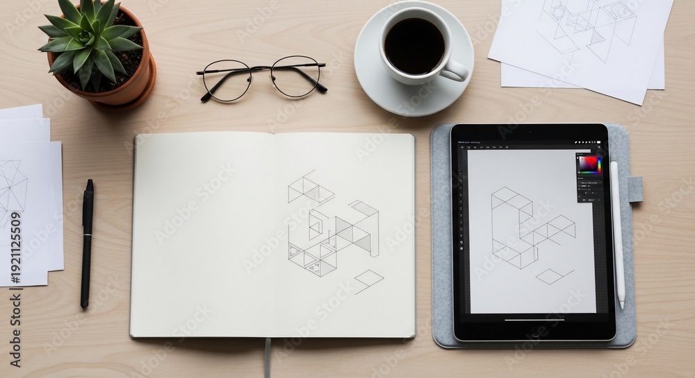 Naklejka premium Creative Workspace with Tablet and Notebook.