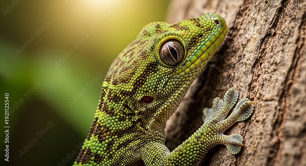 Obraz premium Close-up of a Vibrant Green Gecko with Intricate Camouflage Patterns Perched on a Textured Tree Trunk