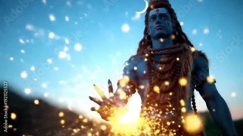 Lord Shiva divine energy emanating from his hand with sparkling lights.
