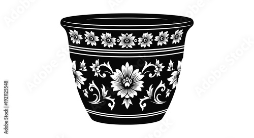 A detailed black and white illustration of a decorative floral pot with intricate patterns a striking silhouette high quality professional