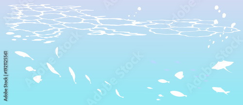魚群と水面のシルエットの背景イラスト　海　水中