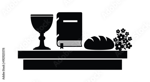 A stark black silhouette depicts religious symbols including a chalice bible bread and flowers silhouette high quality professional