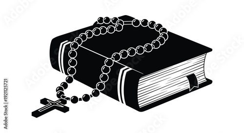 A striking black silhouette depicts an open bible with rosary beads draped across it a symbol of faith silhouette