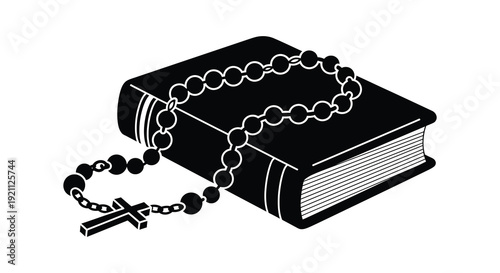 A striking black silhouette depicts an open book with a rosary draped across it symbolizing faith high quality