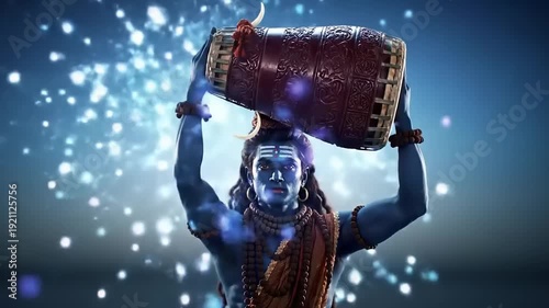 Lord Shiva holding Damaru in cosmic energy background.