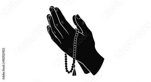 A striking black silhouette depicts praying hands gently clasped together holding rosary beads a symbol of faith silhouette