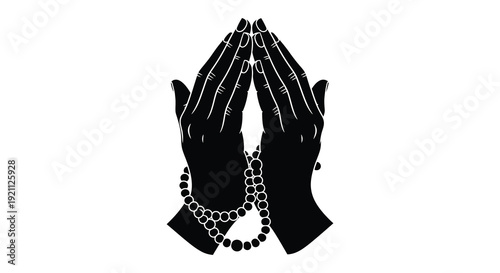 A striking black silhouette depicts praying hands adorned with a rosary symbolizing faith and devotion silhouette high quality